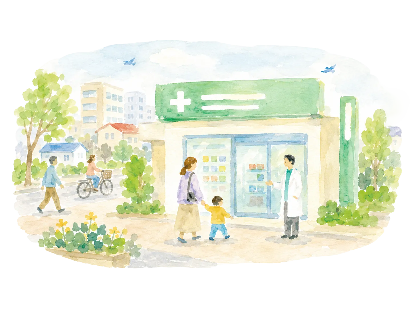 薬局を訪れる親子と薬剤師の水彩画